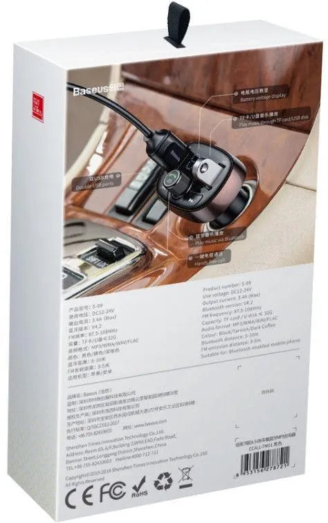 Automobilinis įkroviklis FM siųstuvas „Aux“ moduliatorius „Bluetooth“ laisvų rankų įranga Baseus S09 T-Type Dual USB