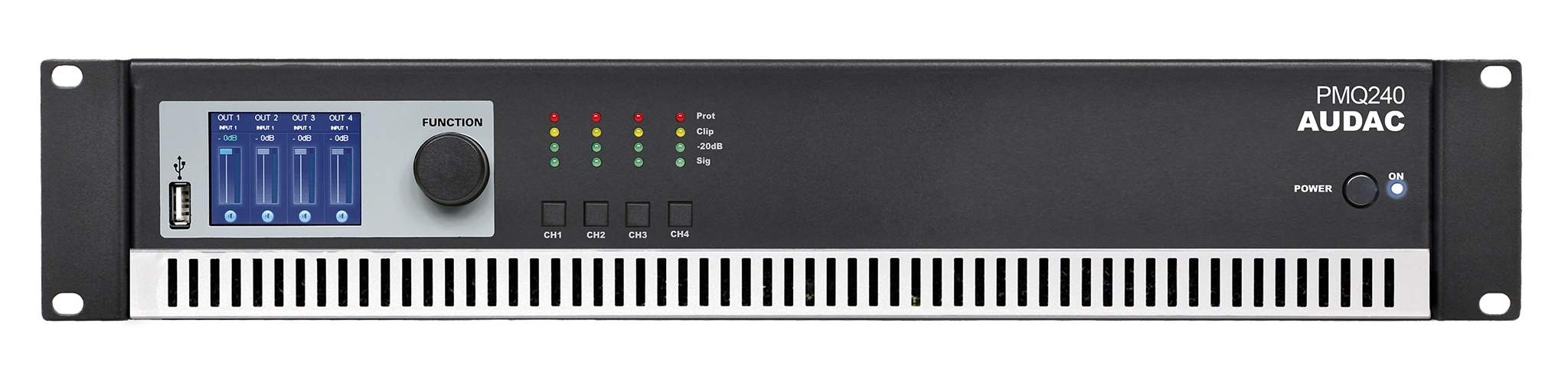 Audac PMQ240, garso stiprintuvas 100V 4x 240W su DSP