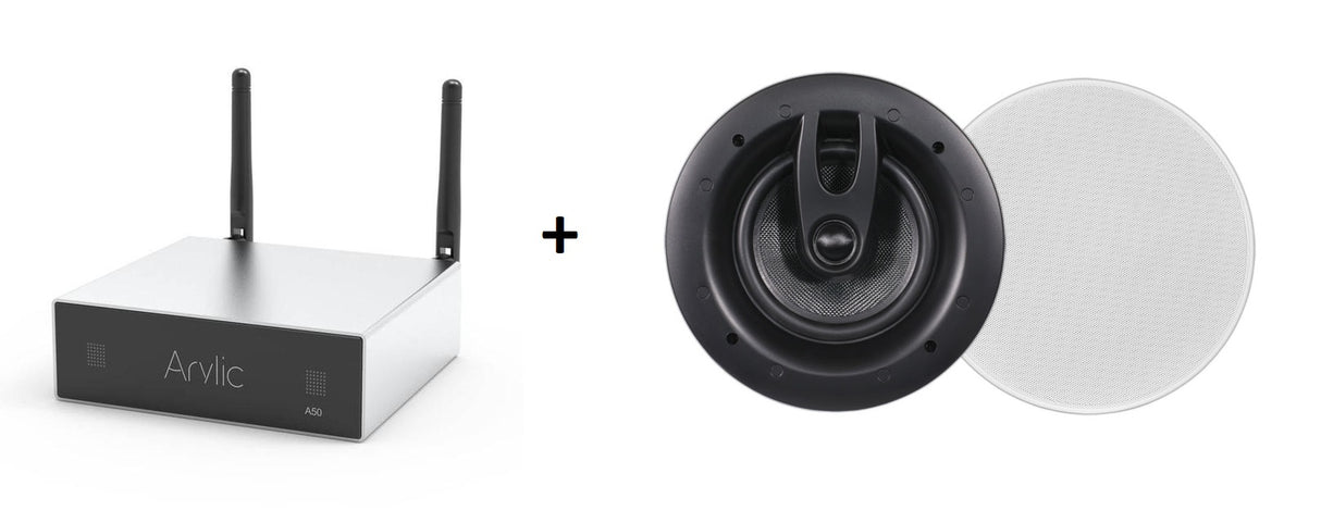 Arylic Wireless Stereo Amplifier A50+ ir System One IC670, stereo komplektas montuojamas į lubas