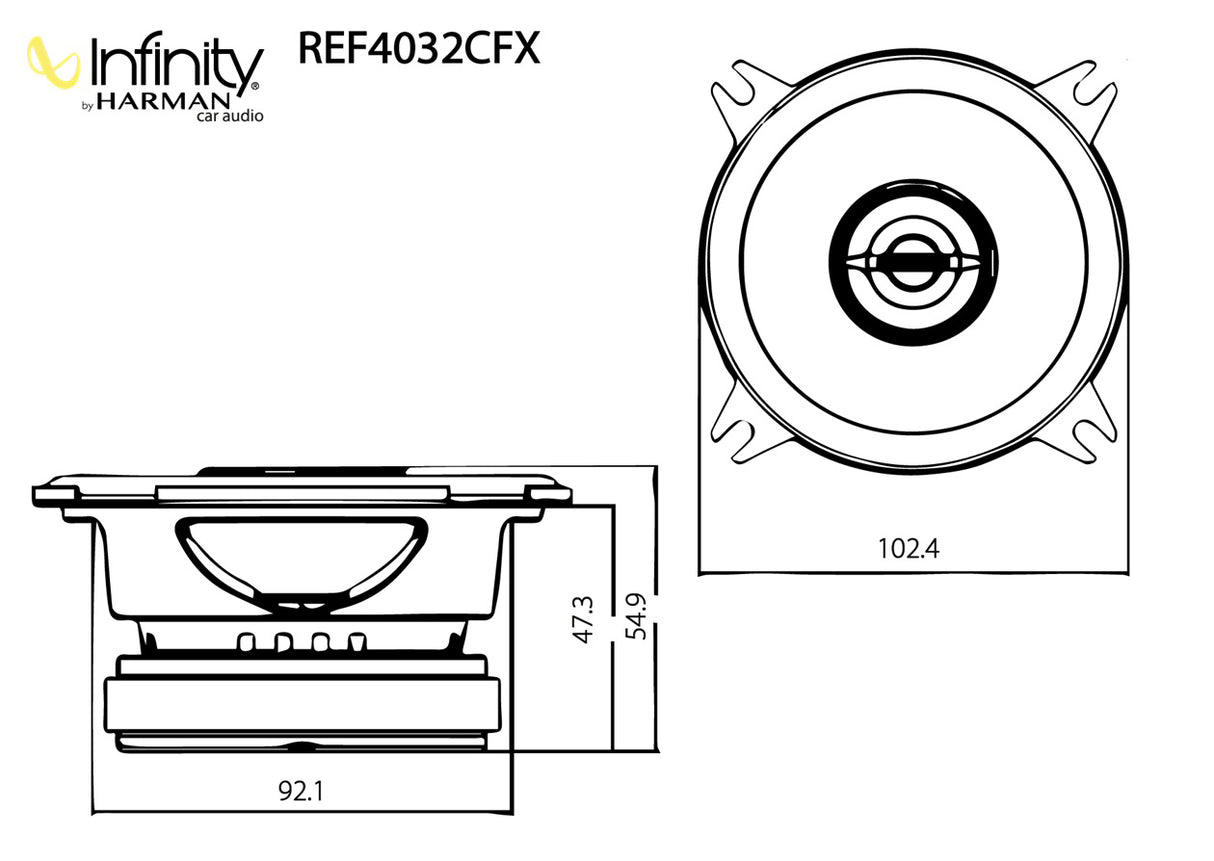 Infinity, reference 4032CFX, 10 cm 2-juostų koaksialiniai garsiaka - Brėžiniai su matmenimis