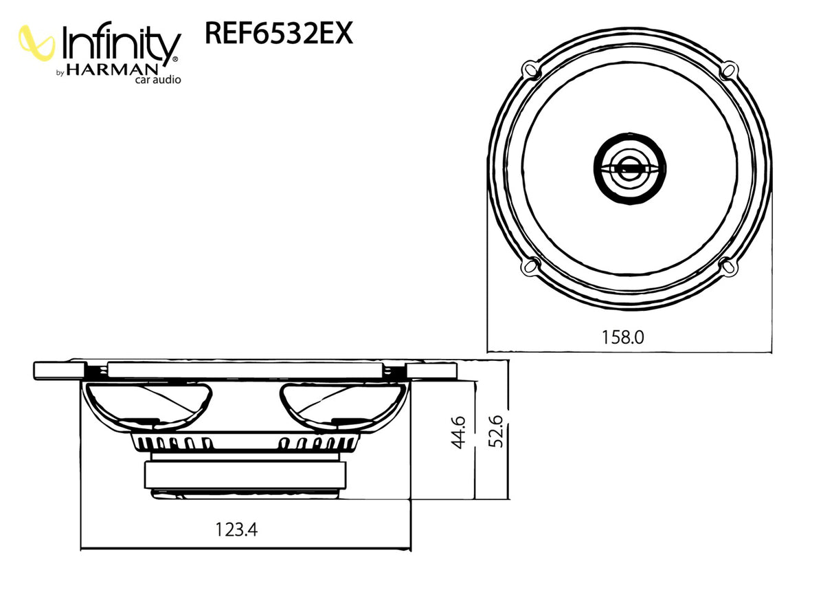 Infinity, reference 6532EX, 16 cm 2-juostų koaksialiniai garsiaka - techniniai brėžiniai su matmenimis