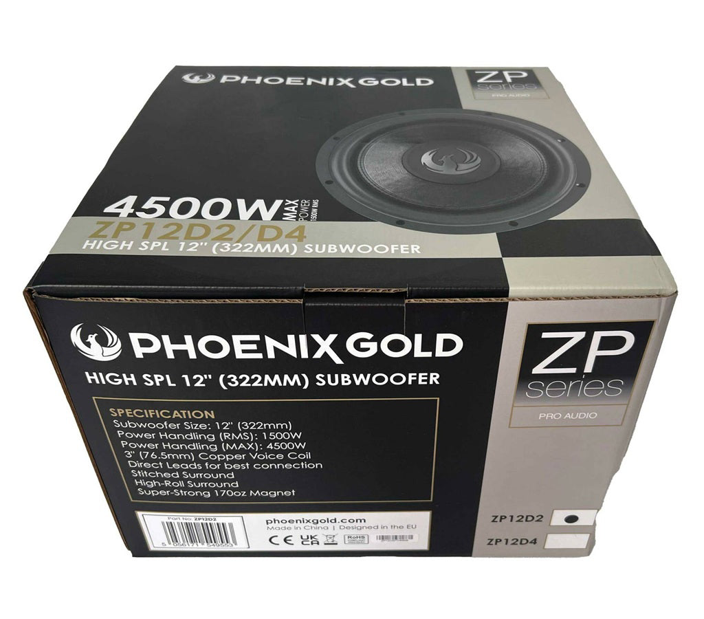 Phoenix Gold, ZP12D2 žemų dažnių kolonėlė 4500W 2x2om - Pakuotės kampas, matomas žemų dažnių kolonėlės priekis