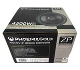 Phoenix Gold, ZP12D2 žemų dažnių kolonėlė 4500W 2x2om - Pakuotės kampas, matomas žemų dažnių kolonėlės priekis