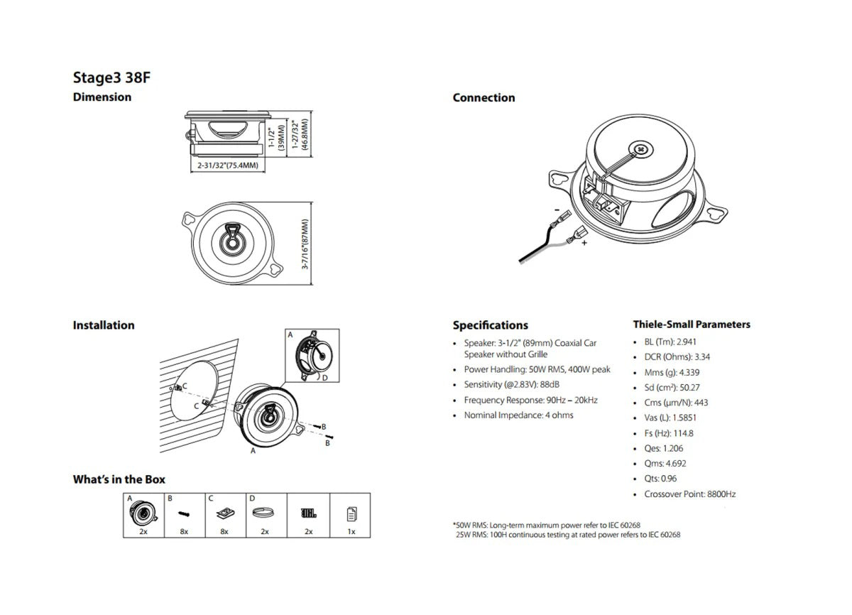 JBL, STAGE3 38F, GEN2, 8.75cm 2-juostų koaksialiniai garsiakalbiai