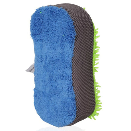 3-in-1 mikropluošto automobilių valymo kempinė 22x11x5 cm - Mėlyna mikropluošto ir žalia šerelių pusės