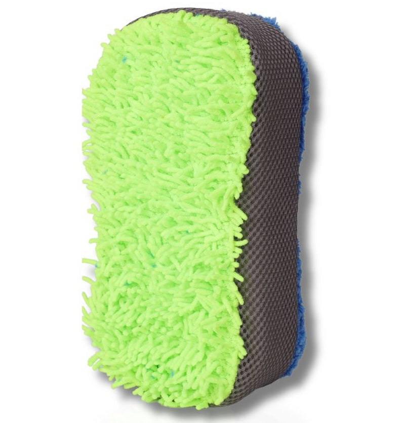 3-in-1 mikropluošto automobilių valymo kempinė 22x11x5 cm - Žalia mikropluošto pusė, tinklinis kraštas