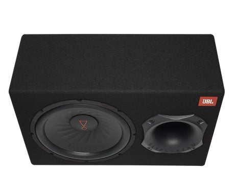 JBL, BassPro 12 aktyvinė žemų dažnių kolonėlė, 30cm/12" - Aukštesnis kampas, matomas garsiakalbis ir ventiliacijos anga