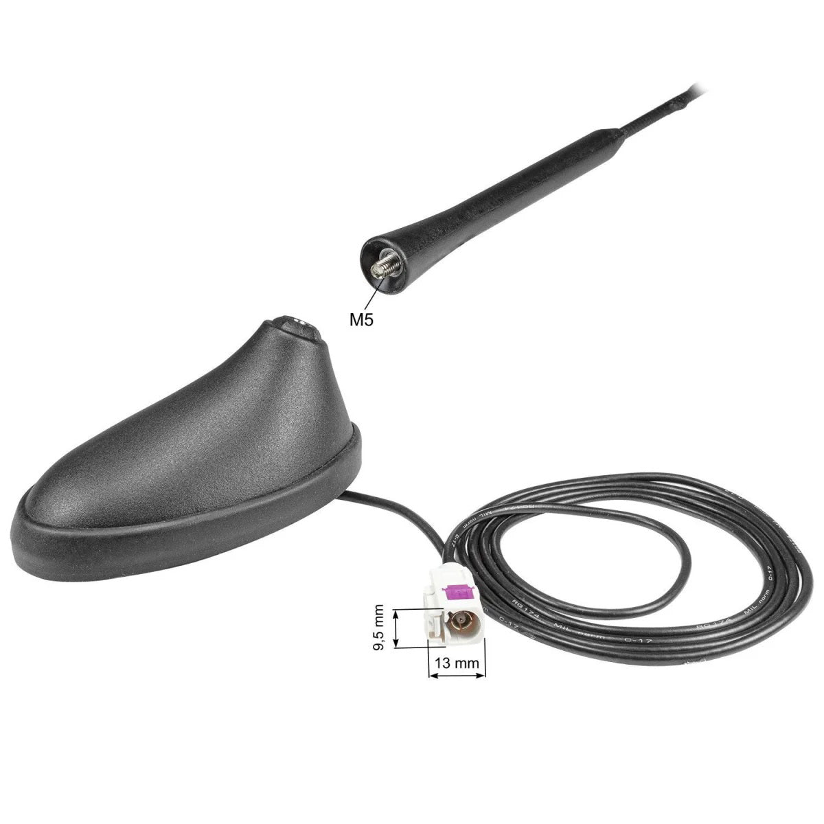 FM/AM automobilio antena Peugeot, Citroen - Antenos jungtis su matmenimis ir kabelis
