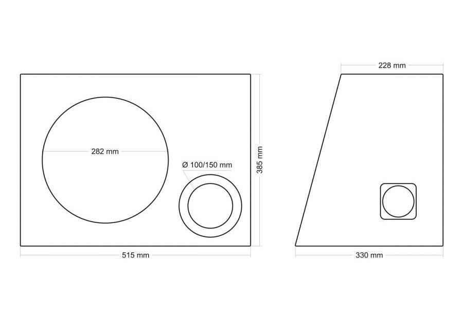 Korpusas žemų dažnių garsiakalbiui MDF, 40l, 30cm, faze - Brėžinys su matmenimis, kampas, fazeinė anga
