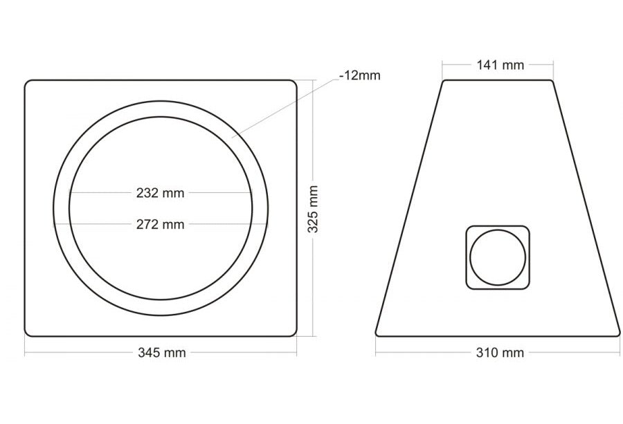 Korpusas žemu dažnių garsiakalbiui MDF, 15l, 25cm - Matmenys, kampas, pjūvis, skylė