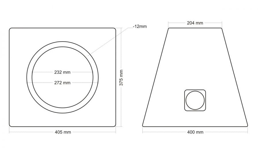 Korpusas žemu dažnių garsiakalbiui MDF, 30l, 25cm - Matomi matmenys, kampas, detalė
