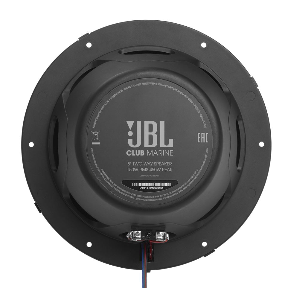 JBL, Marine CLUB 82, 2-juostų katerio koloneles, 20cm - Galinė pusė su jungtimis ir užrašais