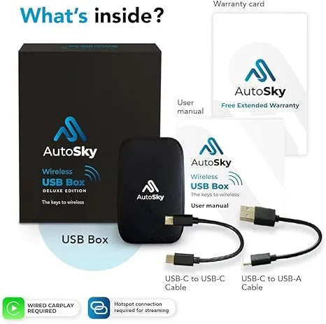 AutoSky AI Box Lite Plus – belaidis „CarPlay“ ir „Android Auto“ ad - Pakuotė, dėžutė, USB dėžutė, laidai, instrukcijos