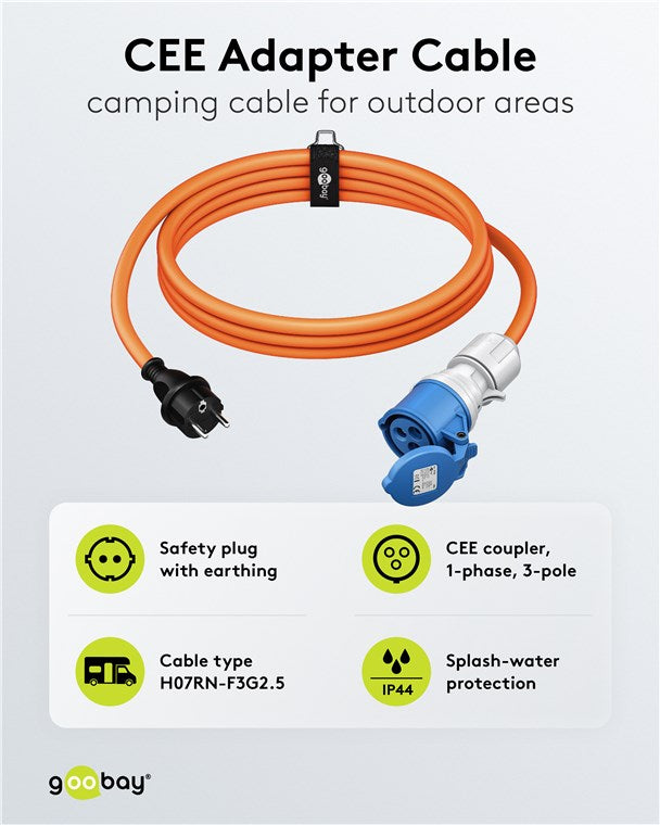 Goobay CEE Adapter Cable, maitinimo kabelis lauko erdvėms, (Type E/F), 230 V, 16 A, 5 m