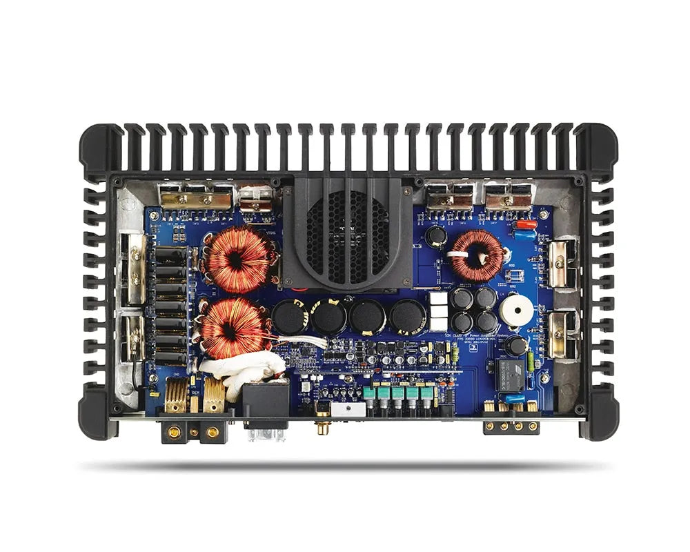 1 kanalo D klasės garso stiprintuvas FOCAL POWER SYMMETRIC FPS 3000, 1500W - vidinė stiprintuvo plokštė su komponentais