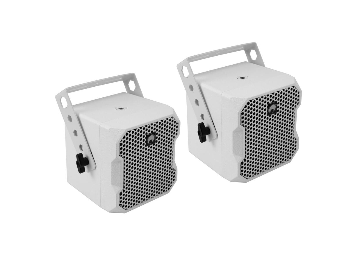 OMNITRONIC Set BOB-10A wh + 8x BOB-4 wh - Du garsiakalbiai su laikikliais iš kampo