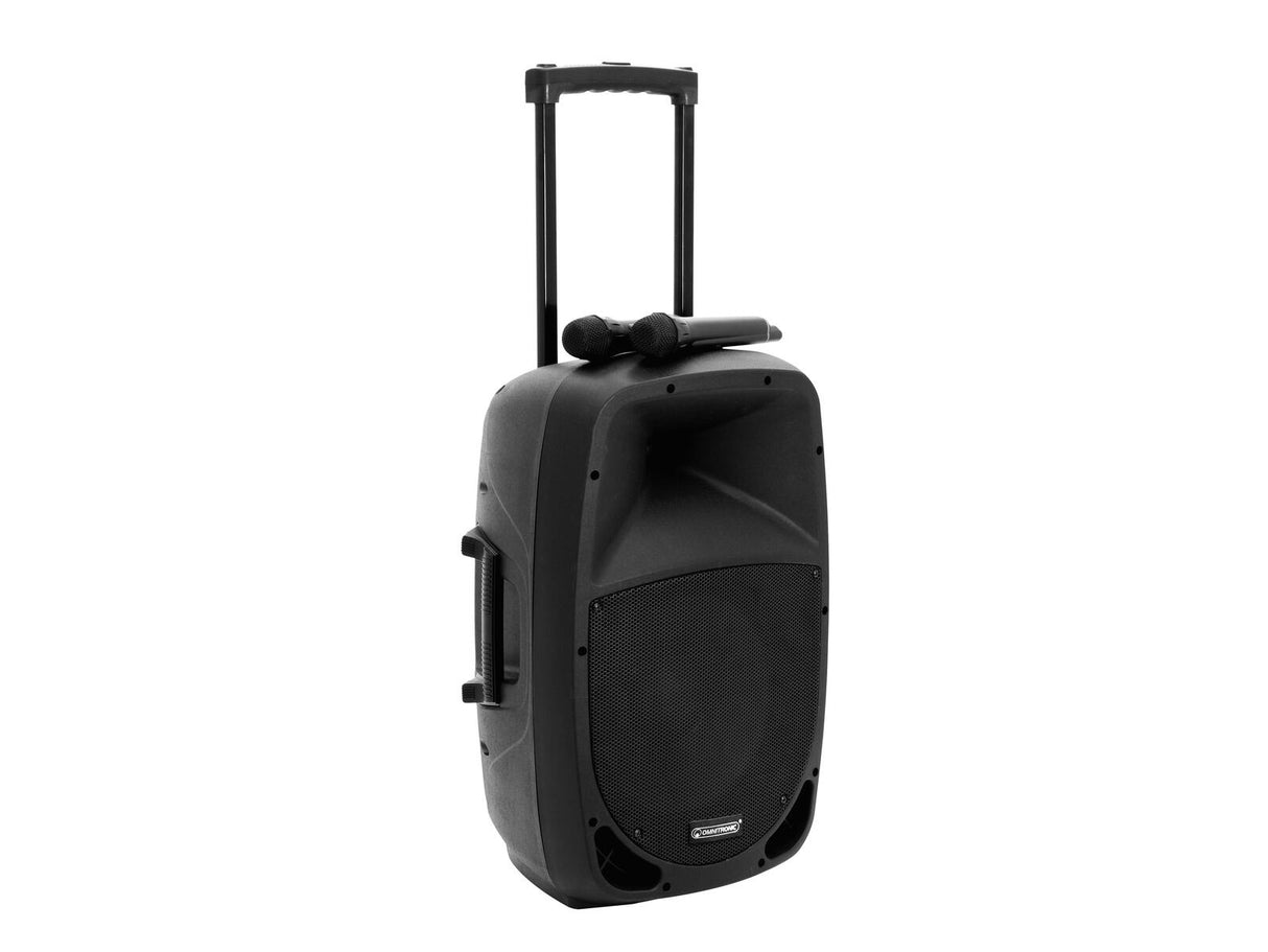 OMNITRONIC Set MES-15BT2 + Battery - Garsiakalbis su ratukais ir mikrofonais viršuje