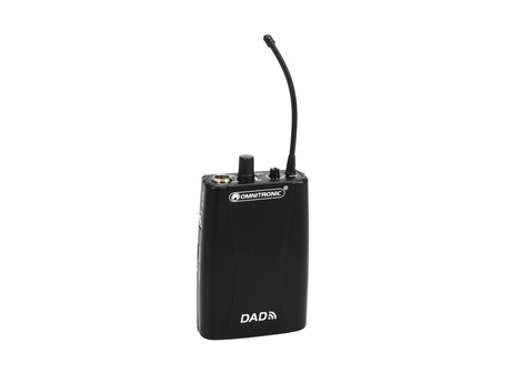 OMNITRONIC DAD Bodypack Transmitter - Juodas korpusas, antenos jungtis, garsumo reguliatorius