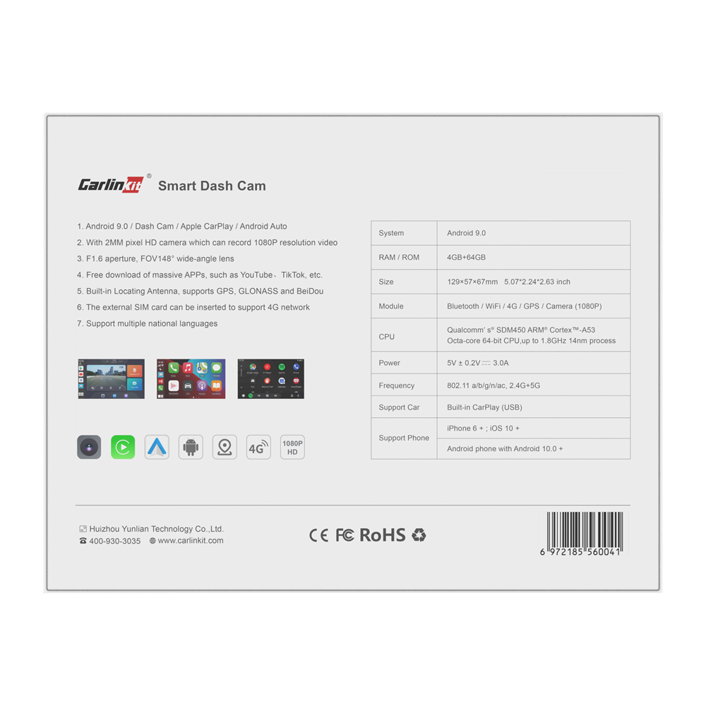 Carlinkit Tbox AR, видеорегистратор с CarPlay Android AI, (4+64G)