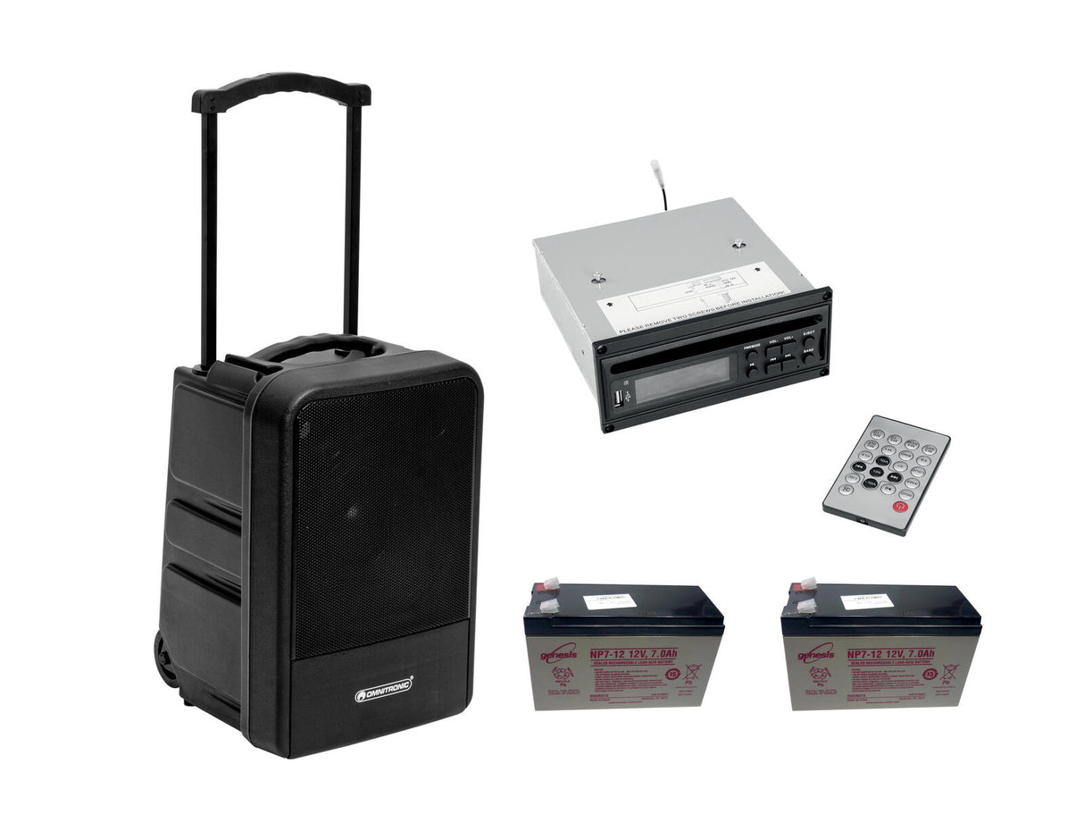 OMNITRONIC Komplektas MOM-10BT4 Modulinė Belaidė PA Sistema + CD Grotuvas su USB ir SD + 2x Baterija