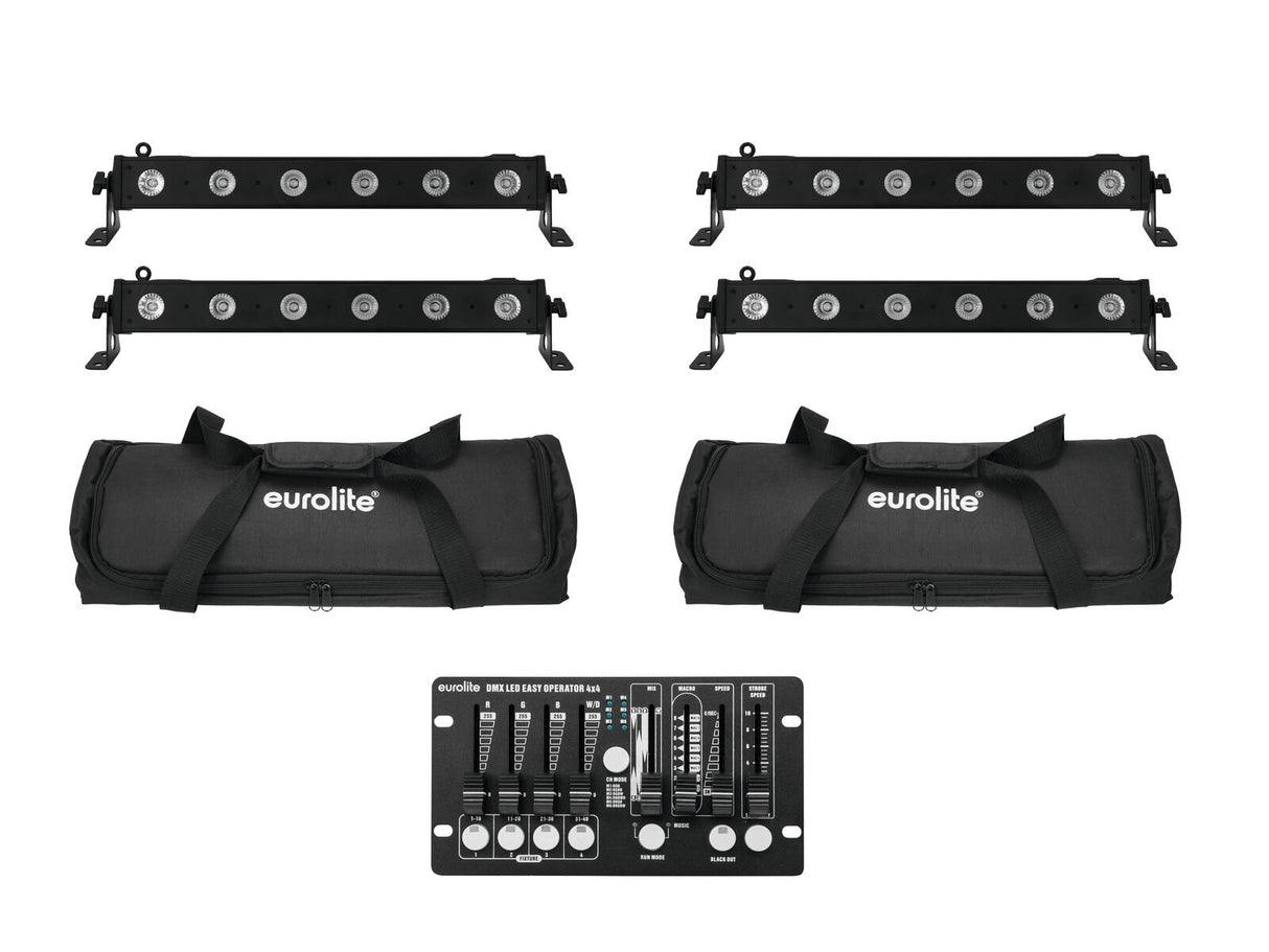 EUROLITE komplektas 4x LED BAR-6 QCL RGBW + 2x minkštas krepšys + valdiklis