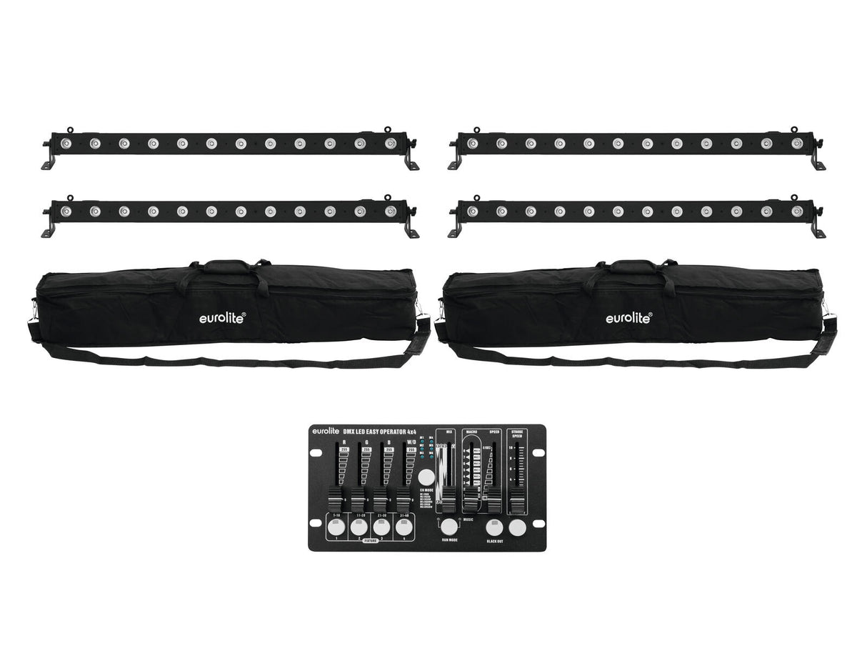 EUROLITE Komplektas 4x LED BAR-12 QCL RGBW + 2x Minkštas krepšys + Valdiklis