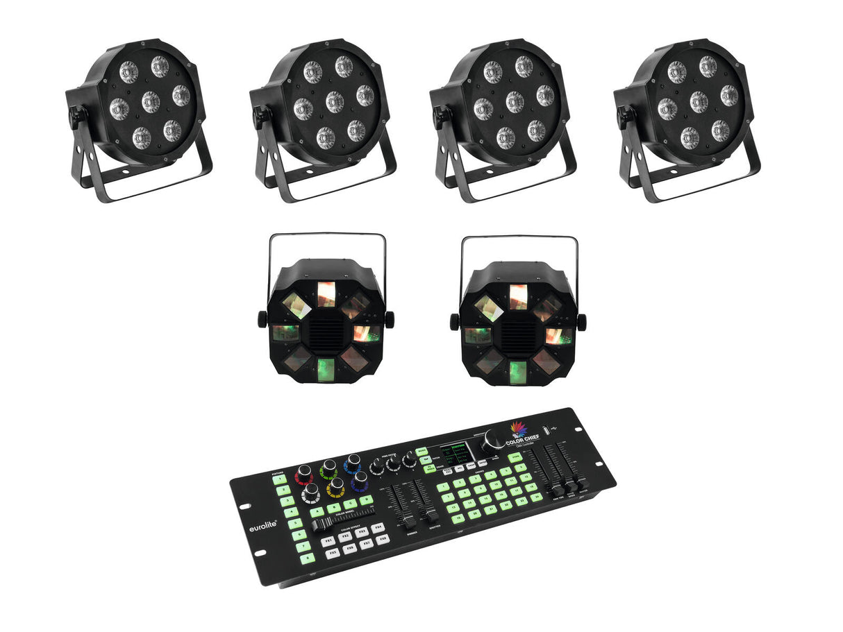 EUROLITE Komplektas 4x LED SLS-7 HCL Grindinis + 2x LED FE-700 + DMX LED Spalvų Valdiklis