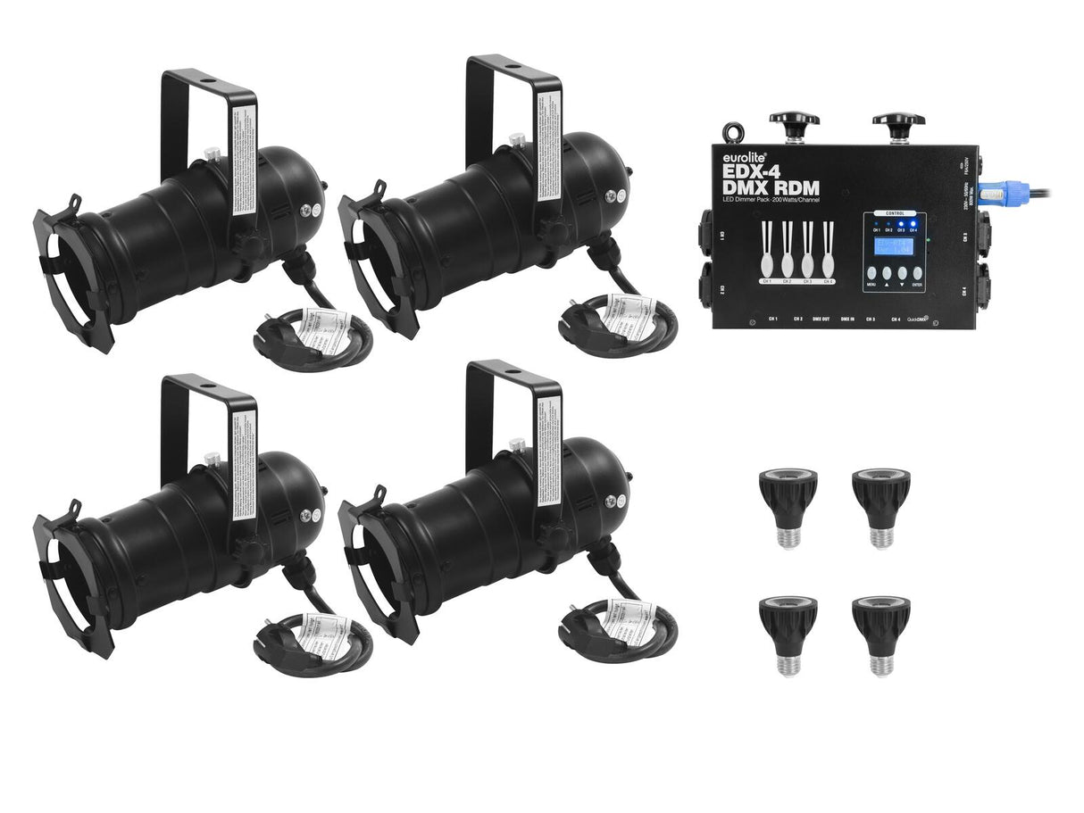 EUROLITE komplektas 4x PAR-20 Spot juodas dim2warm + EDX-4 DMX RDM LED reguliatorius