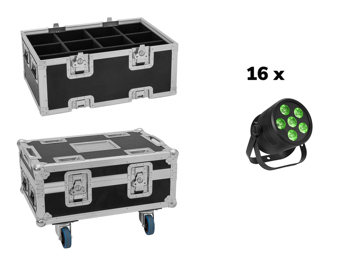 EUROLITE komplektas 16x LED Silent Par 6 QCL grindinis juodas + dėžė