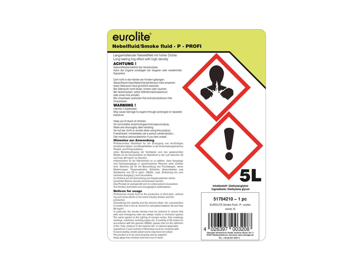 EUROLITE SMOKE FLUID -P- Professional, 5l dūmų skystis - Didelis 5L tūris ir pavojingumo simboliai