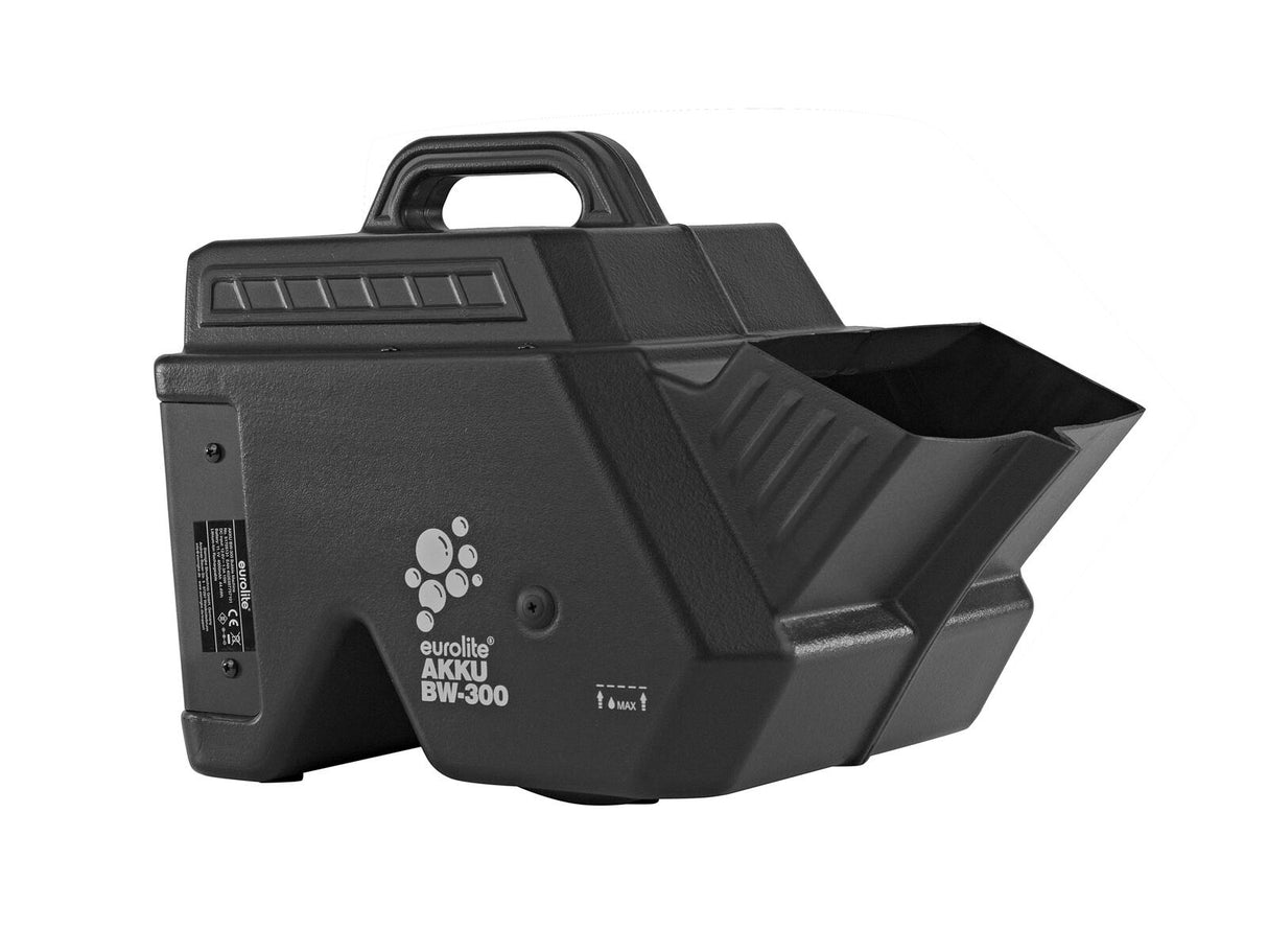 EUROLITE AKKU BW-300 Dūmų mašina - Šoninis kampas su etiketėmis ir logotipu