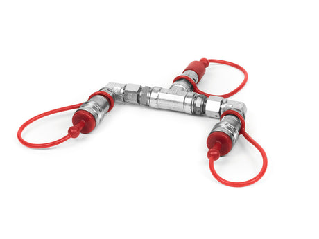 TCM FX CO2 Splitter (2 CO2 Jets to 1 CO2 Bottle) - Jungtys su raudonais dangteliais ir laidais