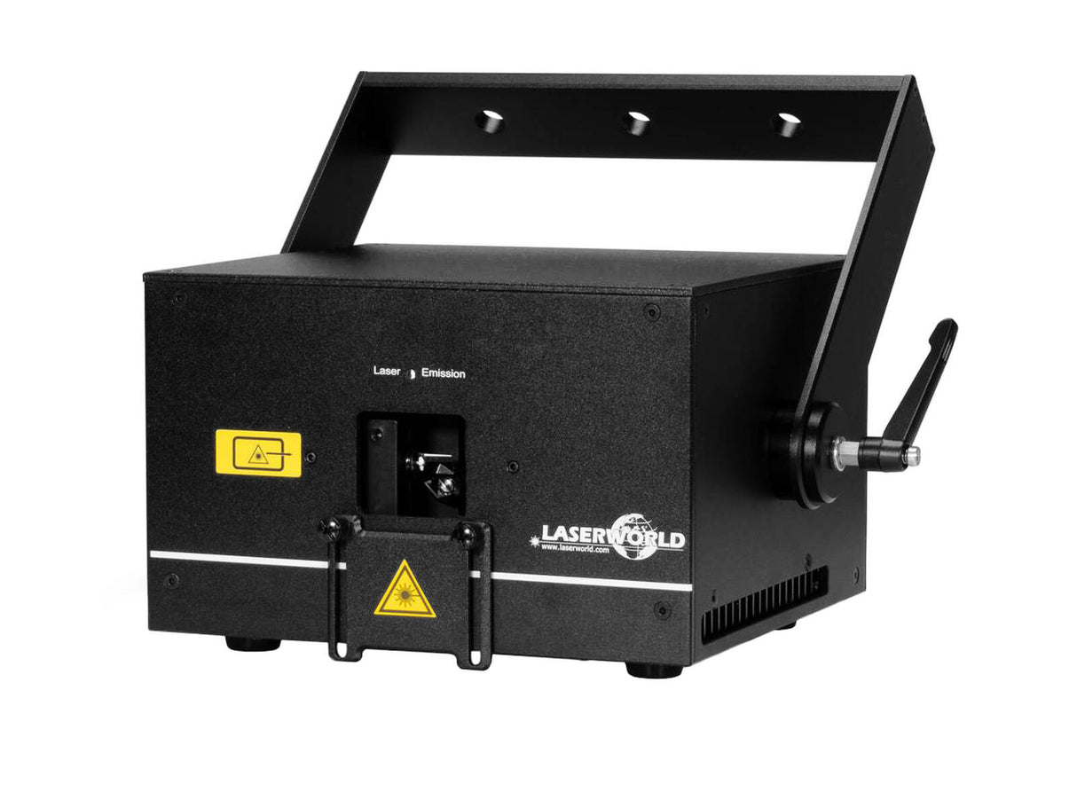 LASERWORLD DS-1000RGB MK5 - Šoninis vaizdas, matomos jungtys ir rankena