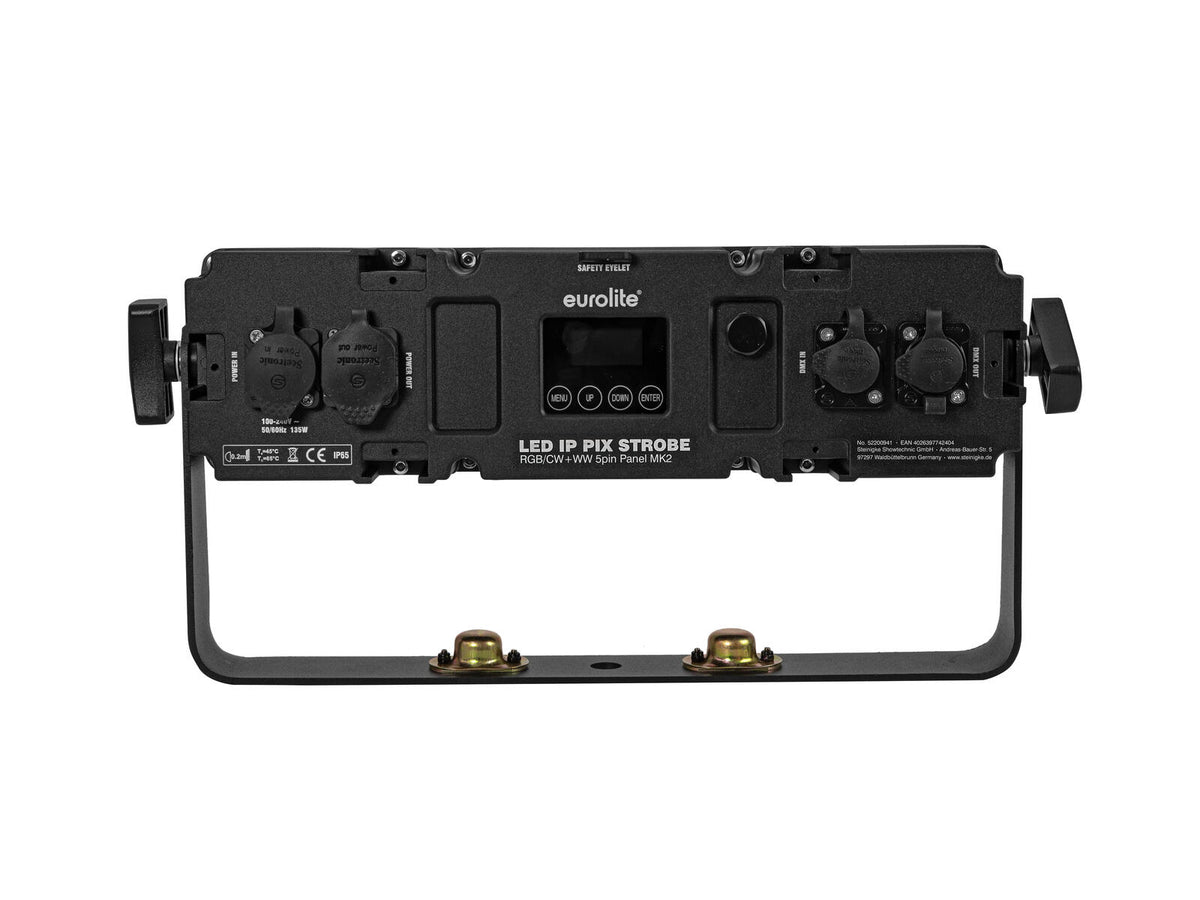 EUROLITE LED IP PIX Strobe RGB CW+WW 5pin MK2 - Jungtys, ekranas ir mygtukai matomi gale