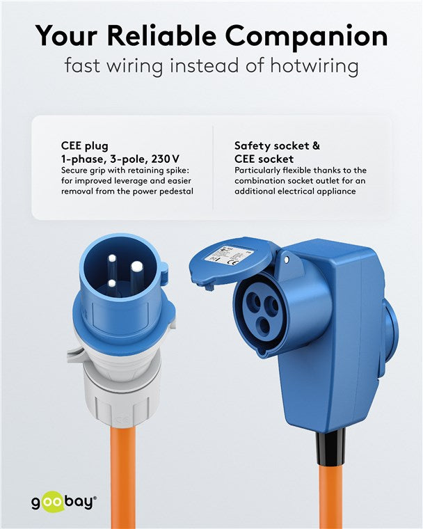 Goobay CEE Adapter Cable, maitinimo kabelis lauko erdvėms, 90°, 16 A, 230 V, (Type E/F), IP44, 5 m