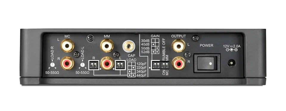 ARCAM rPhono, garso stiprintuvas - galinė panelė su jungtimis ir jungikliais