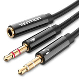 AUX perėjimo laidas, 3.5mm lizdas 4pin- 2 x 3.5mm kištukai 3pin - Trys jungtys su simboliais ir spalvomis
