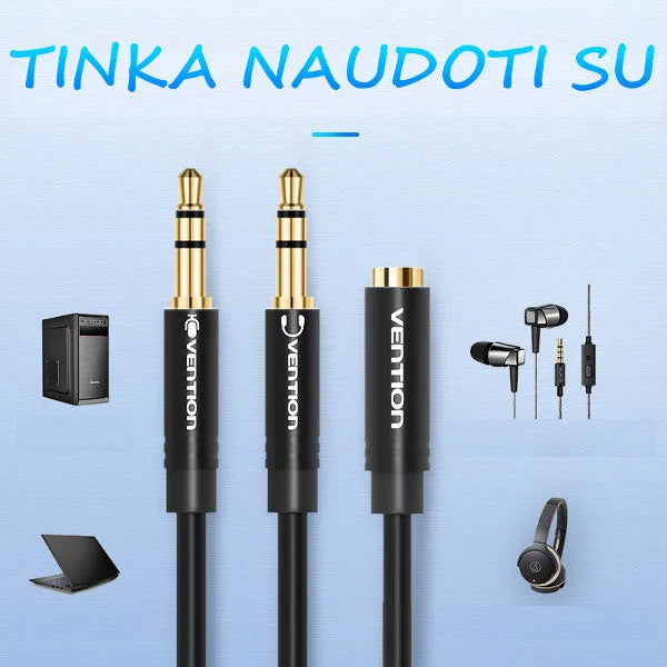 AUX perėjimo laidas, 3.5mm lizdas 4pin- 2 x 3.5mm kištukai 3pin - Ausys ir kompiuterio vaizdai