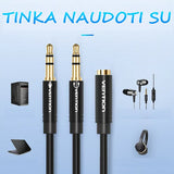 AUX perėjimo laidas, 3.5mm lizdas 4pin- 2 x 3.5mm kištukai 3pin - Ausys ir kompiuterio vaizdai