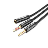 AUX perėjimo laidas, 3.5mm lizdas 4pin- 2 x 3.5mm kištukai 3pin - Trys jungtys su simboliais