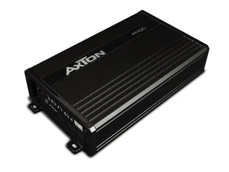 AXTON, A101 1-kanalo automobilinis garso stiprintuvas, 1x230W - šoninis vaizdas su jungtimis ir etiketėmis