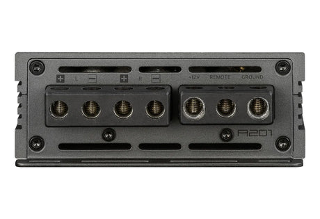 AXTON, A201 2-kanalu automobilinis garso stiprintuvas, 2x150W - Galinė panelė su jungtimis ir modelio pavadinimu