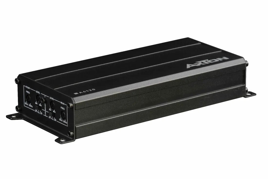 AXTON, A4120 4-kanalų automobilinis garso stiprintuvas, 4x60W - galinė panelė su jungtimis ir valdikliais