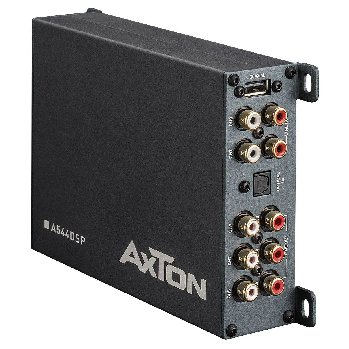 AXTON, A544DSP 4-kanalų automobilinis garso stiprintuvas, 4x30W - Galinė panelė su jungtimis ir USB