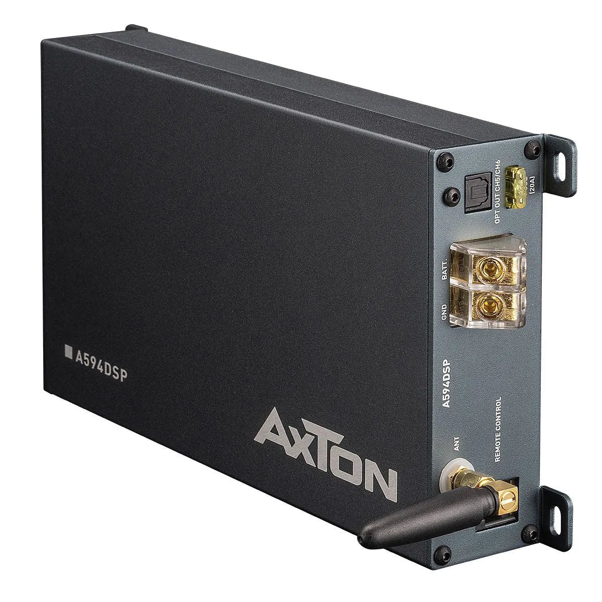 AXTON, A594DSP 4-kanalų automobilinis garso stiprintuvas, 4x76W - Priekinė panelė su logotipu ir pavadinimu
