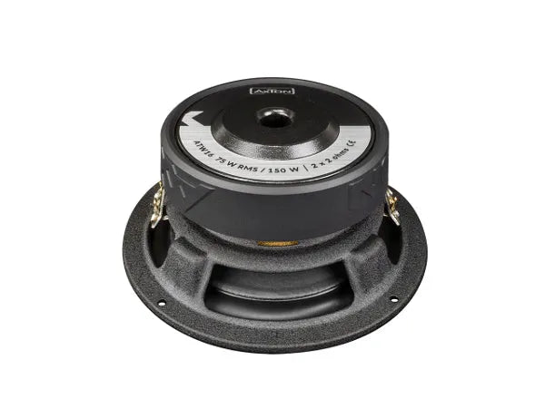 AXTON, ATW16 žemų dažnių dinamikas, 16cm, 2x2Ohm 75W - garsiakalbio galinė dalis su etiketėmis