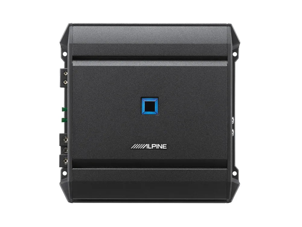 Alpine S-A60M, Mono automobilinis garso stiprintuvas - šoninis vaizdas su jungtimis ir logotipu