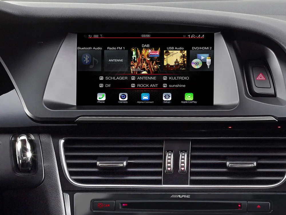 Alpine X703D-A5, automobilinė multimedija- navigacija TomTom žemėlapiai, Apple CarPlay ir Android Auto - ekranas su meniu ir mygtukais
