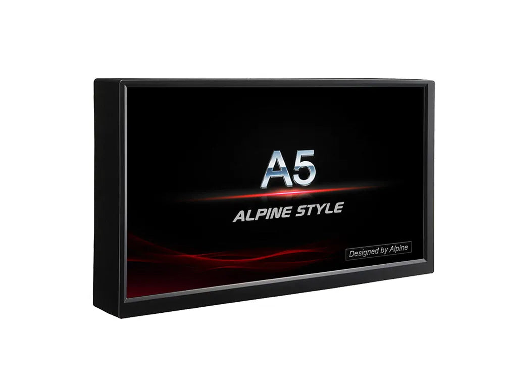 Alpine X703D-A5, automobilinė multimedija- navigacija TomTom žemėlapiai, Apple CarPlay ir Android Auto - Juodas ekranas su logotipais ir užrašais