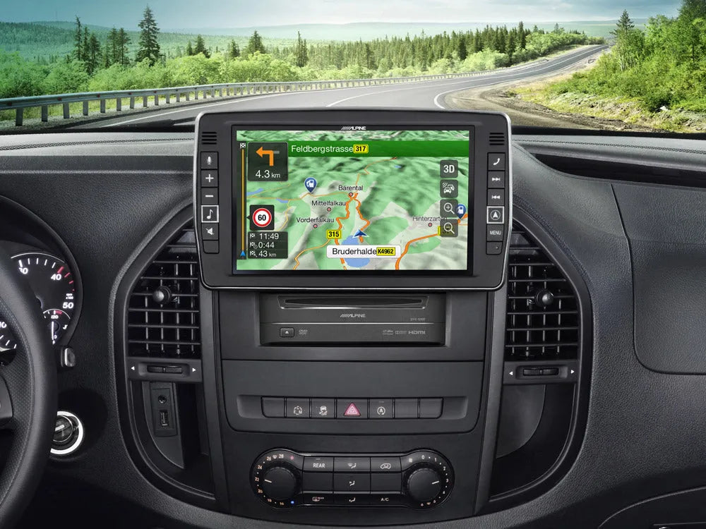 Alpine X903D-V447, automobilinė multimedija su navigacija, Apple CarPlay ir Android Auto - Navigacijos ekranas su žemėlapiu ir mygtukais